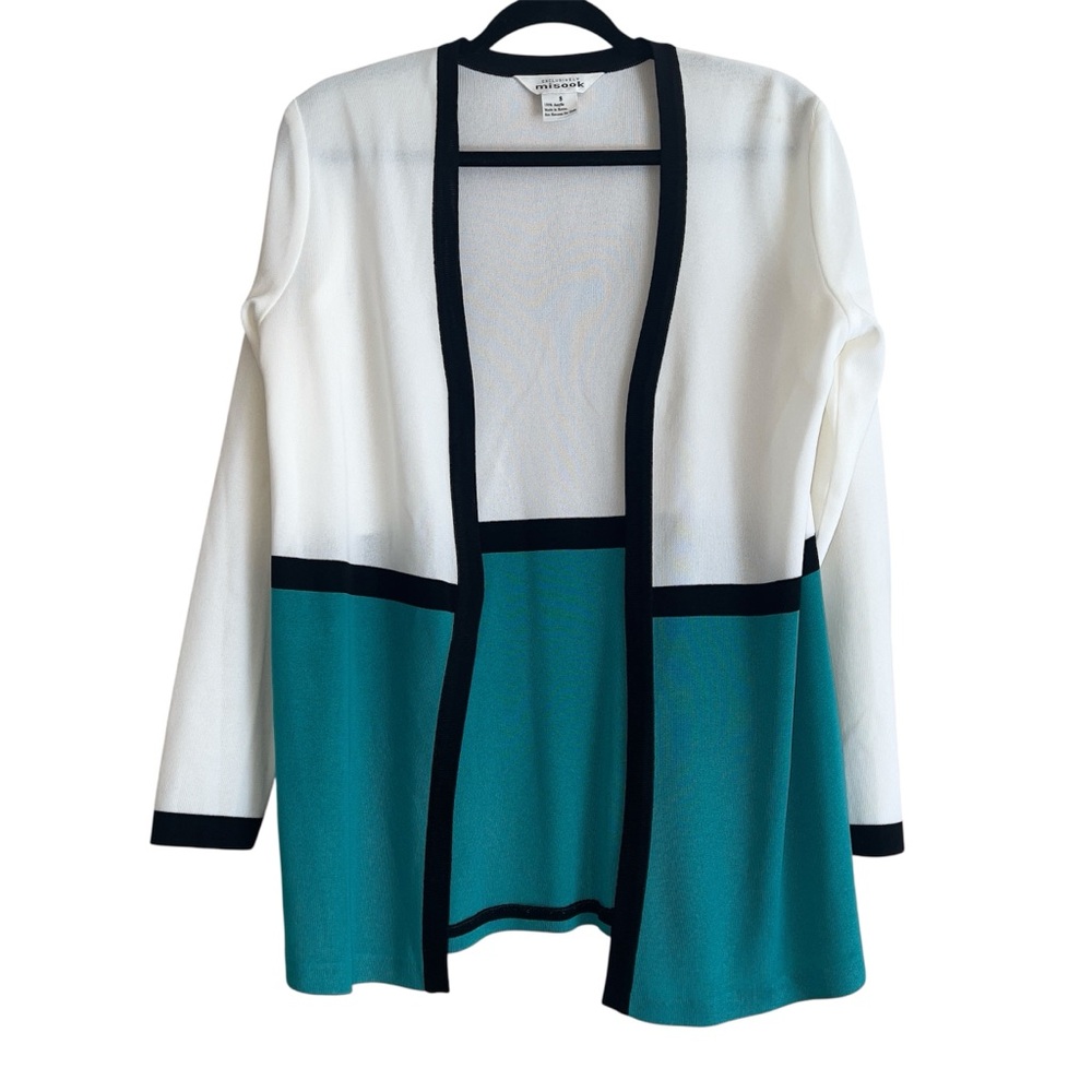 Exclusively Misook Teal White Black Open Front Long Sleeve Cardigan Sz S